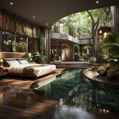 a bedroom with a pool in the middle and lots of greenery on the walls