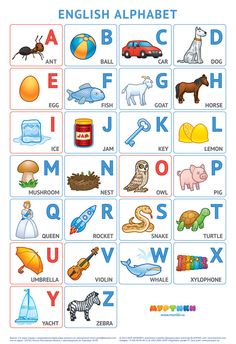 an english alphabet poster with pictures of animals, letters and other things to learn in it