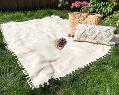 a picnic blanket with grapes on it and two wicker baskets in the back ground