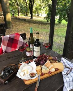 a picnic table with wine, cheese and bread