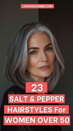 Discover the most flattering and stylish grey hairstyles for women over 50 that highlight your natural beauty. Silver Hair Styles For Women, Dark To Grey Hair, Salt And Pepper Hairstyles For Women, Gray Hair Ideas Over 50, Women Salt And Pepper Hair, Salt And Pepper Lob Haircut, Hairstyles For Salt And Pepper Hair, Hairstyles For Medium Length Gray Hair, Salt And Pepper Hair With Lowlights