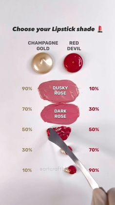 the lipstick shade chart is shown with different shades and colors to choose from, including red rose, rosy rose, dark rose, or champagne