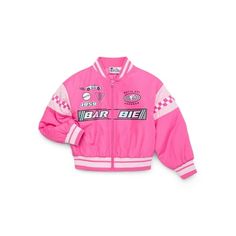 Girls racing-inspired Bomber Jacket is a perfect Fall weight and gives retro racetrack vibes. Size: 14/16.  Color: Pink.  Gender: female.  Age Group: kids. Barbie Jacket, Fall Winter Coat, Rose Clothing, Jacket Collection, Colorful Graphics, Accent Trim, Kids Pattern, Fan Girl, Boys Coat