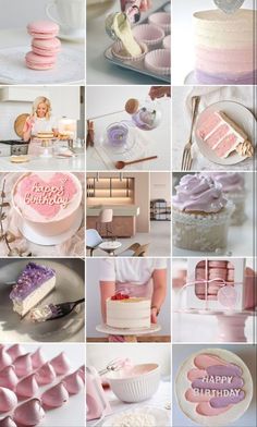 a collage of pink and white cakes, desserts, and cupcakes