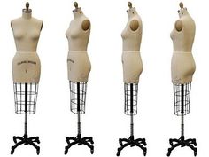 four mannequins are shown with different shapes and sizes