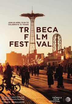 a movie poster for the film trbeca f l m fest vall with people walking and riding bikes