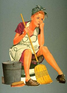 a woman sitting on the ground with a broom and bucket