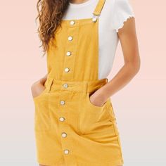 Size Small Mustard Yellow With Pockets Never Worn Yellow Overall Dress, Corduroy Dresses For Spring, Sleeveless Corduroy Summer Dress, Casual Yellow Dress With Buttons, Spring Corduroy Mini Dresses, Spring Mini Corduroy Dresses, Spring Mini Length Corduroy Dresses, Mini-length Corduroy Dresses For Spring, Spring Casual Corduroy Dress