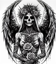 a drawing of a skeleton with wings and roses on it's chest, holding a rose