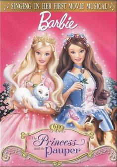 barbie and the court of the princesses dvd, with two girls in dresses holding puppies