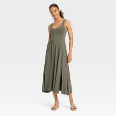 Women's Midi Ballet Dress - A New Day™ Olive S Stretch Midi Dress For Brunch, Stretch Mid-length Summer Dress, Fitted Longline Midi Dress For Summer, Stretch Midi Dress For Fall Loungewear, Fall Stretch Midi Dress For Loungewear, Flattering Summer Elastane Dresses, Casual Fitted Elastane Maxi Dress, Stretch Mid-length Maxi Dress For Summer, Fitted Solid Midi Dress For Loungewear