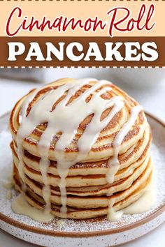 a stack of pancakes covered in icing on top of a plate