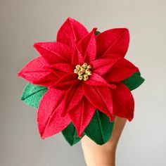 a hand holding a red poinsettia with green leaves on it's head