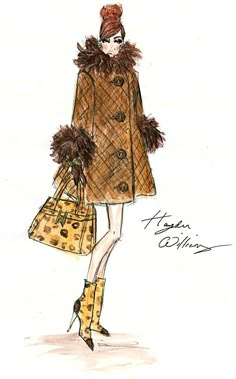 a drawing of a woman in a brown coat and boots with a handbag on her shoulder