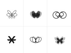 six different types of butterfly logos in black and white, each with an upside down design