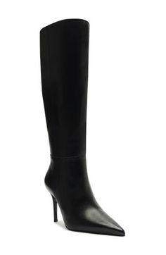 A pointy toe and stiletto heel balance a rich leather boot shaped in a knee-high silhouette for timeless appeal. 3 1/4" heel 14 3/4" shaft; 15 3/4" calf circumference Side zip closure with elastic gore inset Leather upper, lining and sole Made in Brazil Sleek High Shaft Boots For Workwear, Leather Heeled Boots With High Shaft For Night Out, Leather High Shaft Heeled Boots For Night Out, Sleek Pointed Toe Knee-high Boots For Night Out, Elegant Tall Boots For Party, Formal Pointed Toe Knee-high Boots, Fitted Tall Knee-high Boots For Formal Occasions, Formal Fitted Tall Knee-high Boots, Sleek High Shaft Fitted Heeled Boots