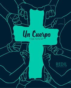 a cross with hands around it and the words un cuero on it in blue