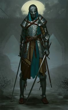 a knight standing in front of a full moon with two swords and armor on his shoulders