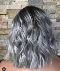 Balayage Grey Hair Silver, Dark Roots With Silver Hair, Dark Grey Roots Silver Hair, Steel Gray Hair Color, Short Black Hair With Highlights Silver, Silver Hair For Brunettes, Grey Hair Color Silver Short, Grey Hair Blue Highlights, Charcoal Silver Hair