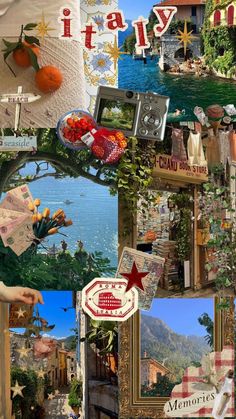 collage with many different pictures and words on it, including an orange tree in the middle