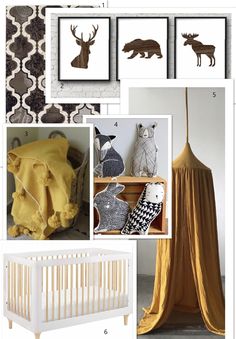 a collage of pictures with animals and other things in them, including a crib