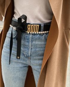 Accessories + denim Dior Belt Outfit, Belt Chanel, Dior Belt, Pearl Belt, Chanel Pearl, Chanel Pearls, Ribbon Belt, Jean Belts