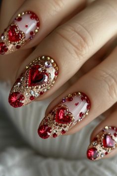 February Nails 2024 Gorp Core Nails, Rococo Nails, Victorian Nails, Aphrodite Nails, Vintage Nail Art, Luxury Manicure, Nail Polish Design, Ruby Nails, Queen Nails