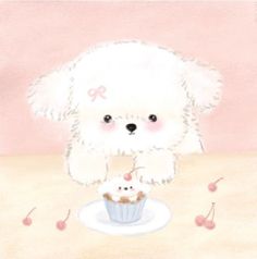 a painting of a white teddy bear holding a cupcake with cherries on it