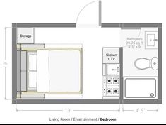 the floor plan for a small apartment with an attached bathroom and living room, including a kitchen