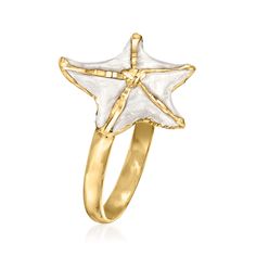 Ross-Simons - Italian White Enamel Starfish Ring in 14kt Yellow Gold. Size 8. From Italy, this charming 14kt yellow gold starfish ring comes to life with sparkly white enamel. Perfect for beach lovers and those with an affinity for sea life, the starfish also represents the resilient ability to revive and recreate one's self time and again. Diamond-cut and polished finishes. 5/8" wide. White enamel starfish ring. Lolo Summer, Ocean-inspired White Star Jewelry, Ocean-inspired White Star-shaped Jewelry, White Star-shaped Ocean-inspired Jewelry, White Star-shaped 14k Gold Jewelry, Gold Jewelry With Starfish Charm, Blue Jewlery, White Ocean-inspired Jewelry With Starfish Charm, Yellow Gold Starfish Charm Jewelry For Beach