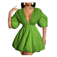 Super Cute Mini Dress With Deep V Neck, Puff Sleeve, Elastic Waist, Puffball Hem, Slightly Lined And Little Stretch. No Tags, But New And Never Worn. Cute Mini Dress, Puff Dress, Xl Dress, Deep V Neck, Deep V, Cute Dresses, Puff Sleeve, Elastic Waist, Colorful Dresses