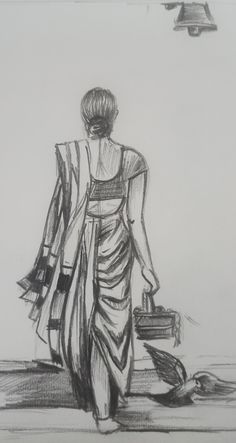 a drawing of a woman walking down the street