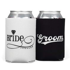 two black and white can coolers with the words bride and groom on them