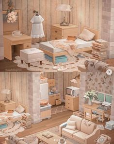 two pictures of a living room with furniture and bedding in the same photo, one is made out of cardboard