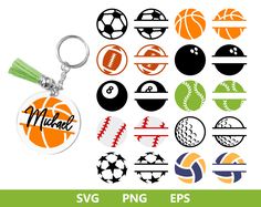 various sports balls and basketballs are shown on this keychain, with the word's name below it