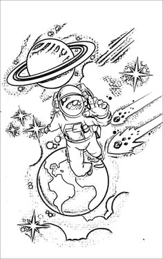 an astronaut is flying over the earth in space with stars and planets around him, coloring page