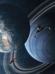 an artist's rendering of two birds flying in front of a planet with rings around it