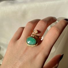 ❣ MATERIAL: This handmade and unique ring has 22k Gold Vermeil on 925 Sterling Silver.  ❣ GEMSTONE: Dual Stone rings with Chrysoprase-Opal, Smoky Quartz-Opal and Dendritic Opal-Opal are shown on the photos. If you are interested in another gemstone, please write us so we can create your dream ring together! ❣ SIZE: This wrap ring is totally adjustable! You can adjust its size and even lengthen or shorten it with your hand easily! Opal: * attracts love and prosperity * brings charming energy to t Yellow Gold Emerald Chrysoprase Cabochon Ring, Unique Gold Emerald Ring With Gemstone Accents, Fine Jewelry In Green Chrysoprase, Yellow Gold Chrysoprase Jewelry, Fine Jewelry Green Chrysoprase, Unique Jade Gemstone Ring, Green Chrysoprase Fine Jewelry, Green Snake Ring For Gift, Green Snake Ring Gift