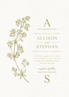 a wedding card with the letter s on it and a plant in gold foiling