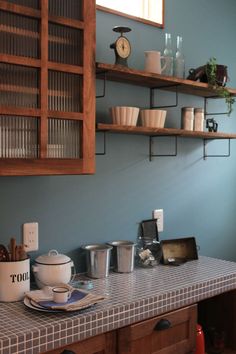 the kitchen counter is clean and ready to be used for breakfast or desserts,