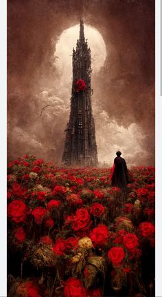 a painting of a man standing in front of a tall tower with roses growing out of it