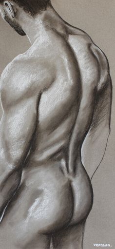 a drawing of a man's back with no shirt on and his hands in his pockets