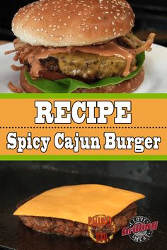 the recipe for spicy cajun burgers is shown in two different pictures, one with meat and cheese on it