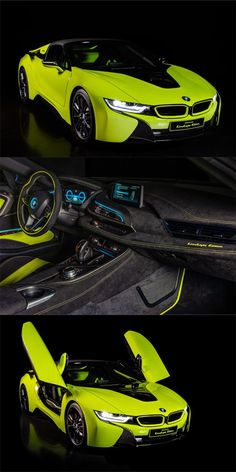 the interior and dashboard of a yellow sports car in three different angles, with its doors open