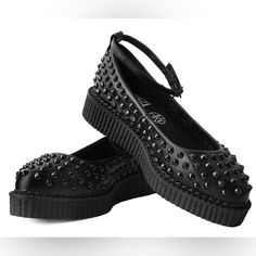 Hey There Stud. Be Cute Yet Dangerous In These Ballet Creepers. Features A Sleek Pointed-Shaped Toe On A Vegan Friendly Upper. Sits On Top Of A Low Sole Creeper Platform That Measures 1 ¼” At The Heel And ¾” In The Front, Ankle Strap Closure For A Secure Fit, And Removable Memory Foam Padding For Added Comfort. Brand New With Box. Black Creepers, Creeper Boots, Goth Shoes, Open Toe Boots, Leopard Shoes, Slouchy Boots, Lug Sole Boots, Point Shoes, Buckle Shoes