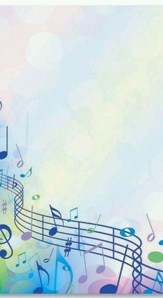 an abstract music background with musical notes and trebles in blue, green, pink, yellow and white colors