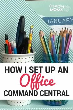 an office desk with pencils, pens and markers in a cup on top of it