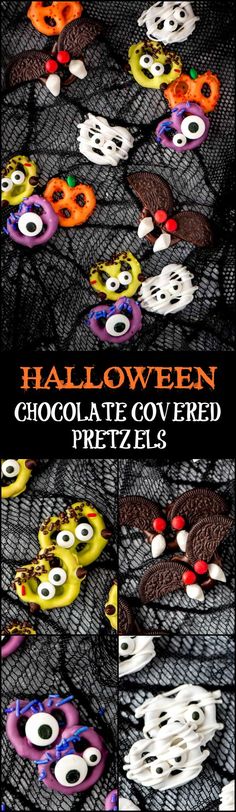 halloween chocolate covered pretzels with eyes and mouths on them, all in different colors