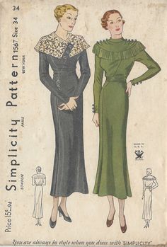 ~ Circa/Date: 1930s ~ Details: Two style variation DRESS ~ Size/Measurements (Inches): ~ Size: 34 ~ Bust: 34″ ~ Waist: Not given ~ Hip: 37″ (inches) ~ Please Note: ~ You are buying a 'Professional Reproduced' copy of this sewing pattern. Copied from the original sewing pattern. Produced in Full Scale Pattern Pieces ready to cut with full instructions included. Reproduced on high quality 50 gm paper with black ink, durable and easier for reuse. Printed by a Professional Printing Company.   ~ With this product comes an accompanying 'Booklet' and inside the Booklet it includes: ~ A 2-page Instructions and Illustrations on 'How to Adjust Your pattern to your Personal Measurement.' ~ Personal Measurement Chart ~ Body Form Illustrations ~ Fitting Checklist ~ Metric Equivalency Chart ~ Note Pages Fitted Bias Cut Dresses For Vintage Fashion, 1930's Dresses, 1930 Fashion, 1930's Fashion, Patron Vintage, 1930s Dress, 30s Fashion, Vintage Dress Patterns, Motif Vintage