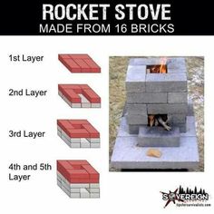 the instructions for how to build a rocket stove made from 16 bricks are shown here